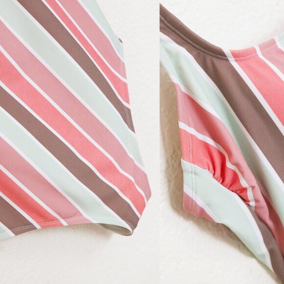 Kona Sol Scoop Neck Mint Mauve Vertical Striped Builtin Bra One Piece Swimsuit L - Picture 9 of 10